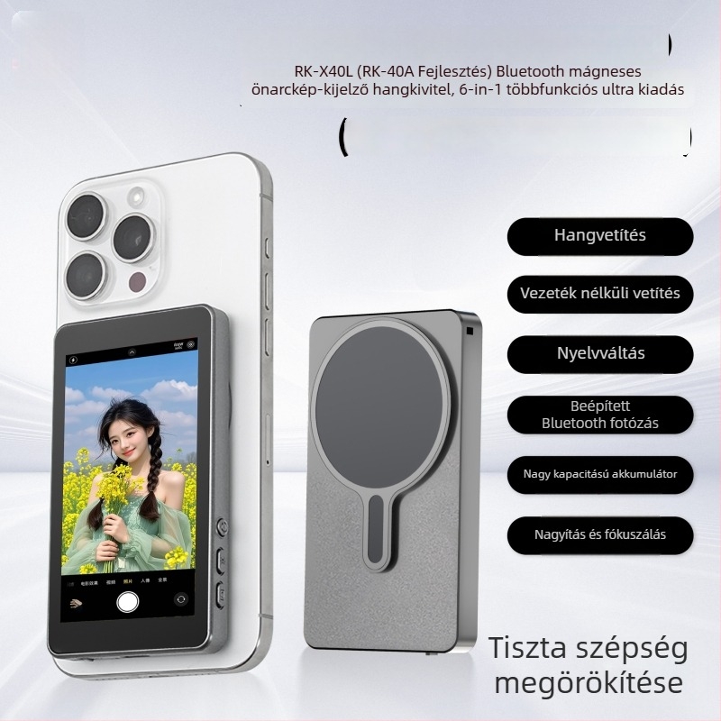 Telefonhoz tervezett selfie-képernyő tükröző eszköz mágneses hátsó kijelzővel — T2 Upgrade verzió, iPhone-kompatibilis, PC anyagú, max terhelés 2 kg alatt