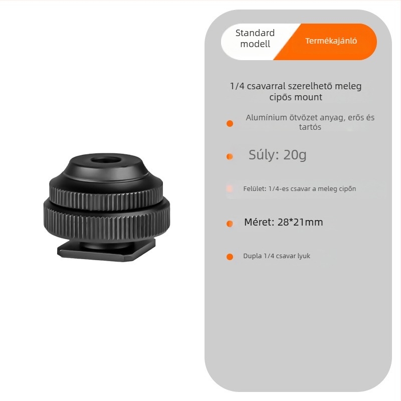 1/4 hüvely hideg cipő adapter kamerákhoz — alumínium ötvözet, max terhelés 2 kg, tömeg 20 g