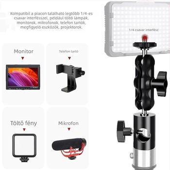 Alumíniumötvözetből készült Tripod/PTZ állvány, univerzális monitor-tartó és vízszintes/függőleges cső csipesz, terhelés 2 kg-ig