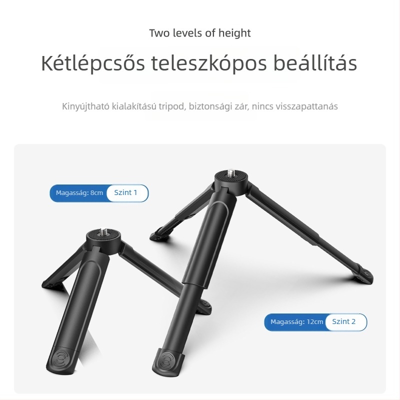 Mini tripod telefonhoz és asztali projektorhoz, ABS anyag, kétfokozatú állítás, terhelhetőség max. 2 kg, súly 95 g, univerzális kompatibilitás