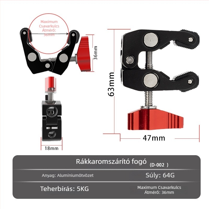Sofoto D-002 Rák-klip alap SLR/Mirrorless kamerákhoz, alumíniumötvözet, teherbírás 2–5 kg, kompatibil 7–11 hüvelykes mágikus karokkal
