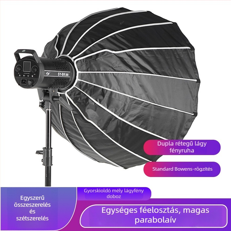 Parabolikus mély softbox lágy fényhez, modell KFT030, anyaga: alumínium ötvözet, max terhelés 2–5 kg, súly 2,1 kg