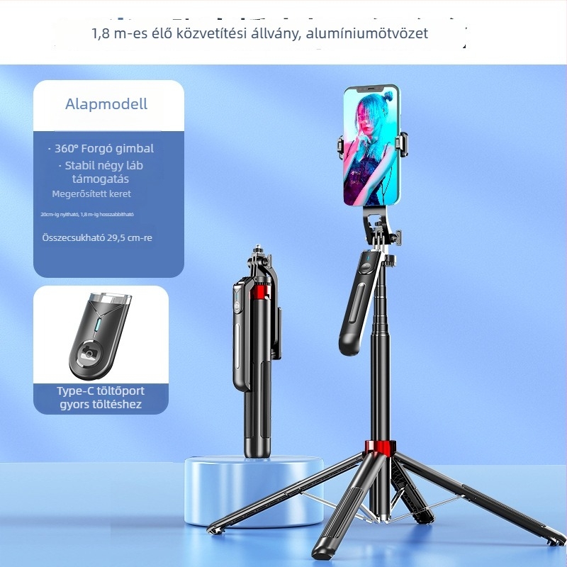 Bluetoothos selfie bot tripod, összecsukható, ABS + alumínium ötvözet, univerzális