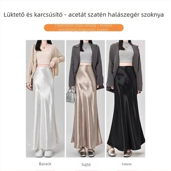 Fishtail szoknya szaténból, magas derekú, gyöngyházfényű felület, hosszú, mikro-elasztikus