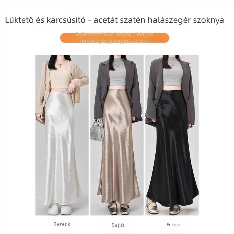 Fishtail szoknya szaténból, magas derekú, gyöngyházfényű felület, hosszú, mikro-elasztikus