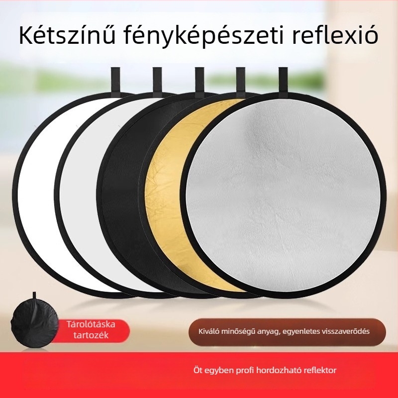 Kompakt összecsukható fotóreflektor kettős funkcióval: világítás és fényblokkoló panel, poliészter konstrukció, hordozható állványon.