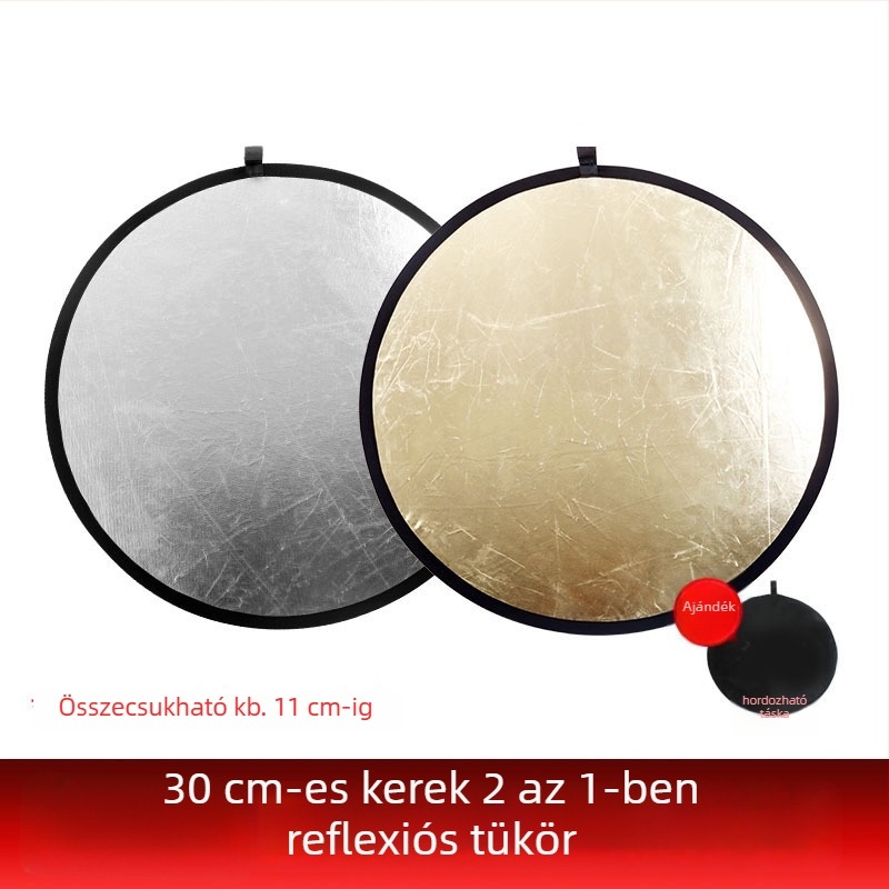 Kompakt összecsukható fotóreflektor kettős funkcióval: világítás és fényblokkoló panel, poliészter konstrukció, hordozható állványon.