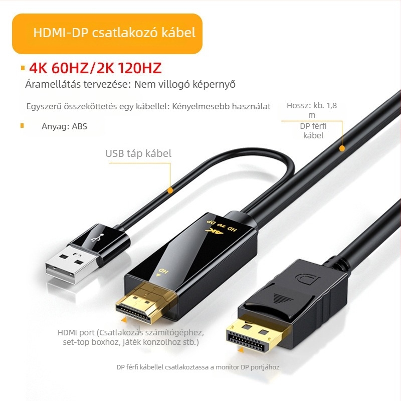 HDMI–DP adapter (4K60Hz, kiváló minőségű chip, kábelhossz 0.25m/1.8m)