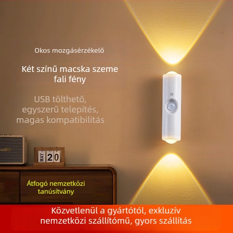 Kétfejes macskaszem falikar beépített újratölthető akkumulátorral, mozgásérzékelővel, alacsony feszültség ≤36V, PVC anyag