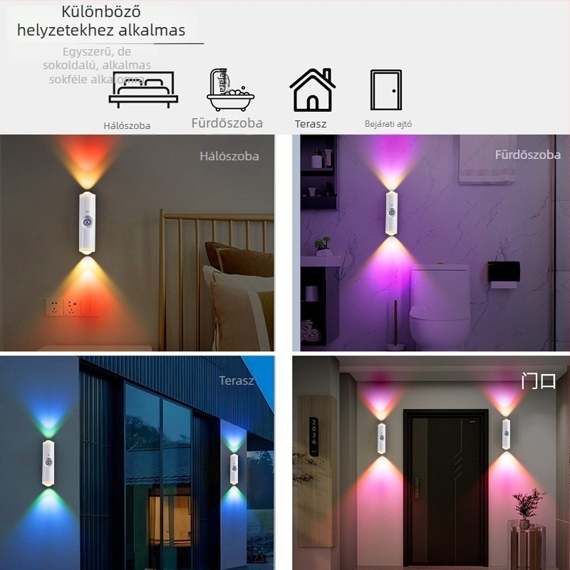 Kétfejes macskaszem falikar beépített újratölthető akkumulátorral, mozgásérzékelővel, alacsony feszültség ≤36V, PVC anyag