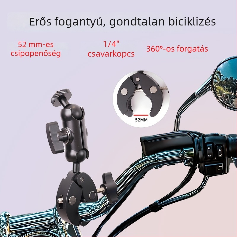 Motorkerékpár és kerékpár telefon tartó, állítható, univerzális csipesz, ütésálló, terhelés legfeljebb 2 kg