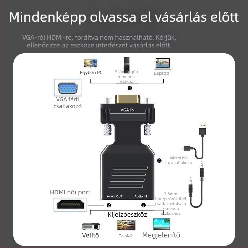 VGA–HDMI adapter audió konverterrel, 1080p, VGA férfi – HDMI női, számítógéphez