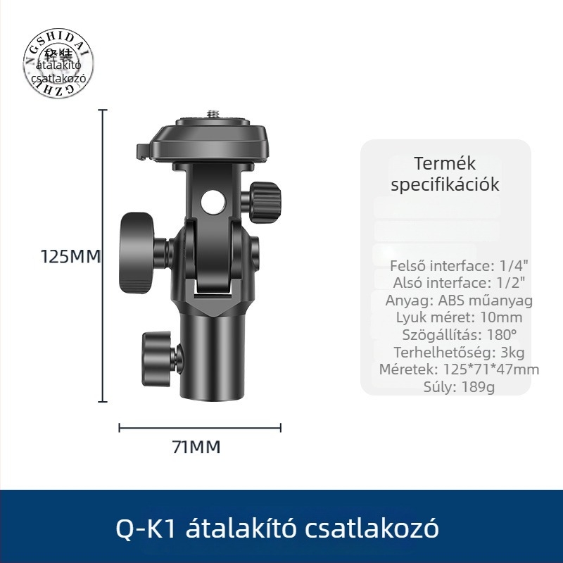 Fényállvány fej Q-K1 gimbal-adapterrel — gyorskioldó, ABS, teherbírás 3 kg, méretek 123×70×48 mm