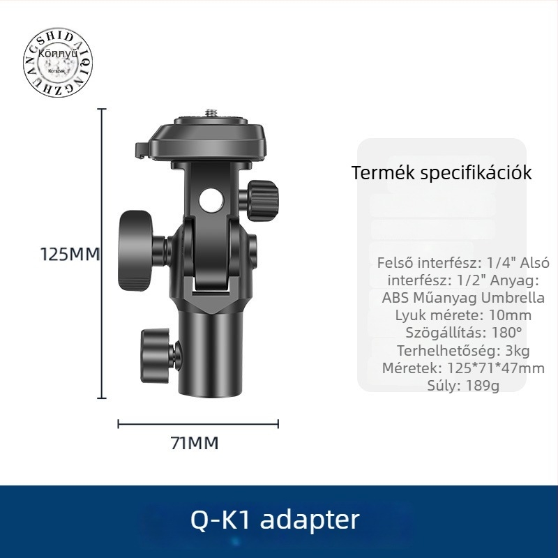 Fényállvány fej Q-K1 gimbal-adapterrel — gyorskioldó, ABS, teherbírás 3 kg, méretek 123×70×48 mm