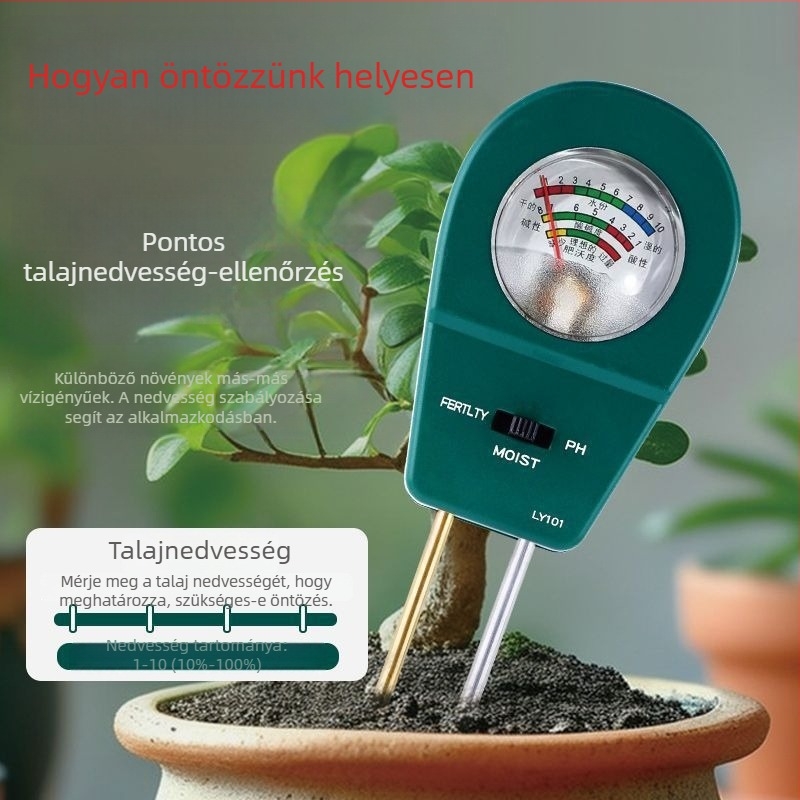 Talaj pH és nedvesség mérő otthoni kertészkedéshez — méri a pH-t, a talajnedvességet és a tápanyagokat