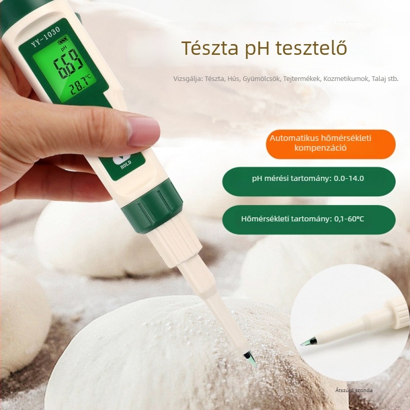 Hordozható pH-mérő digitális kijelzővel, tűszerű mérőfej, pH-tartomány 0–14, pontosság 0,01, hőmérséklet-kompenzáció 0–60°C