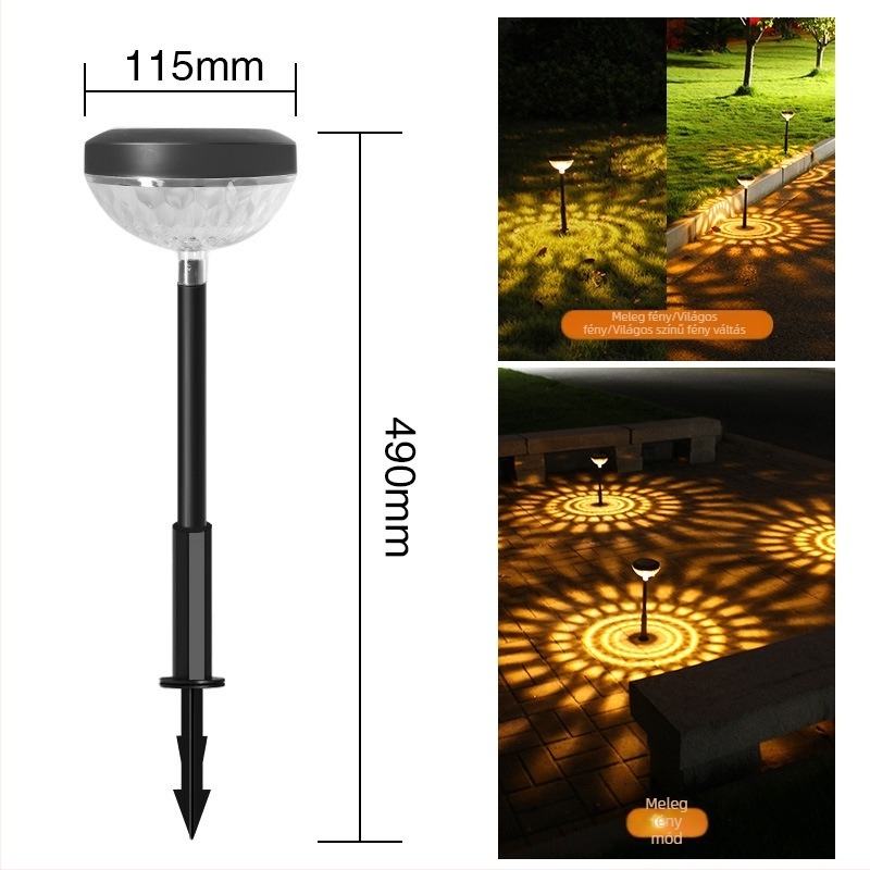 Napeneresztős gyeplámpa vízcsepp-projekcióval, talajba csavarva, lélegző és állandó fény üzemmóddal, 6–12 órás működési idő