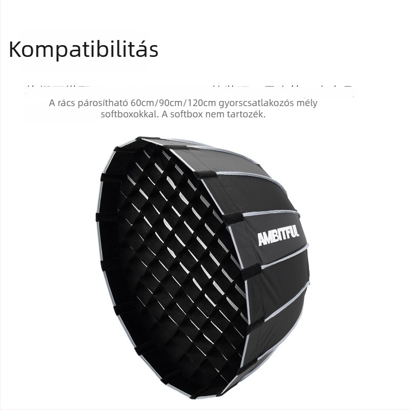 Parabolikus softbox gyorskioldó rendszerrel, nemszőtt anyagból, hexagonális hálóval, fotózásra és videózásra.