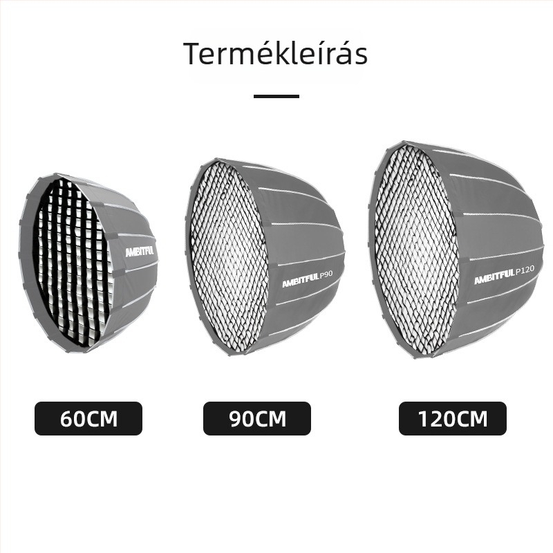 Parabolikus softbox gyorskioldó rendszerrel, nemszőtt anyagból, hexagonális hálóval, fotózásra és videózásra.