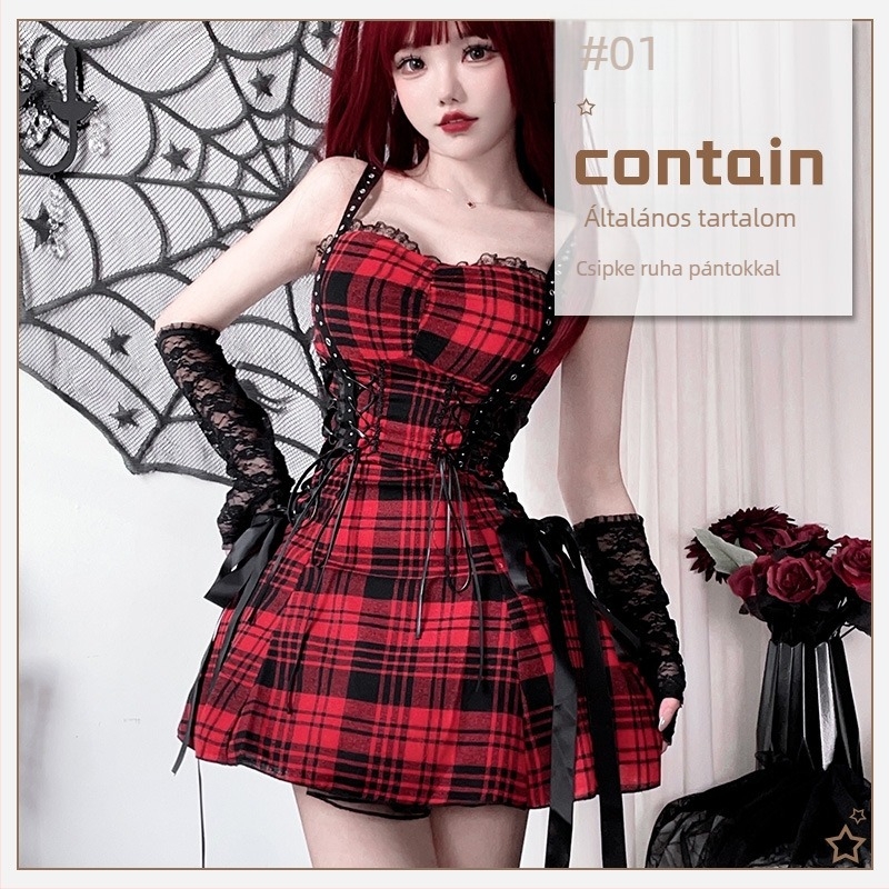 Kockás goth-lolita ruha, ujjatlan, gallér nélküli, slip szoknya, poliészter