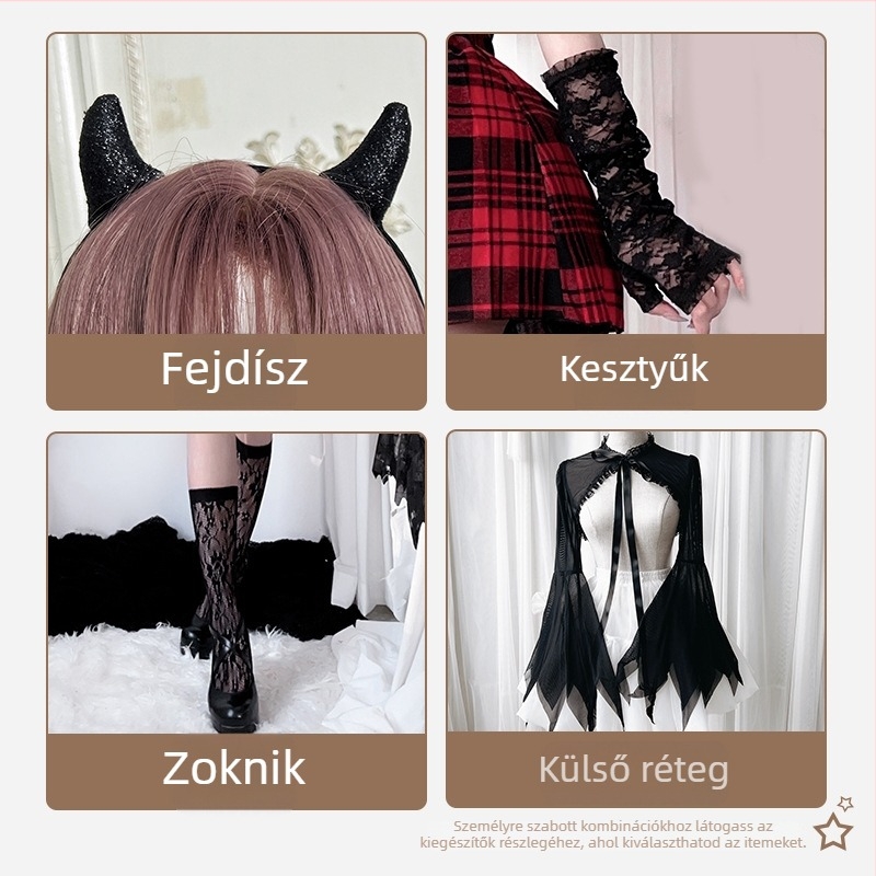 Kockás goth-lolita ruha, ujjatlan, gallér nélküli, slip szoknya, poliészter