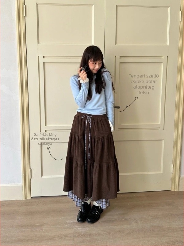 Japán retro corduroy magas derekú rétegzett szoknya, barna, ősz-tél