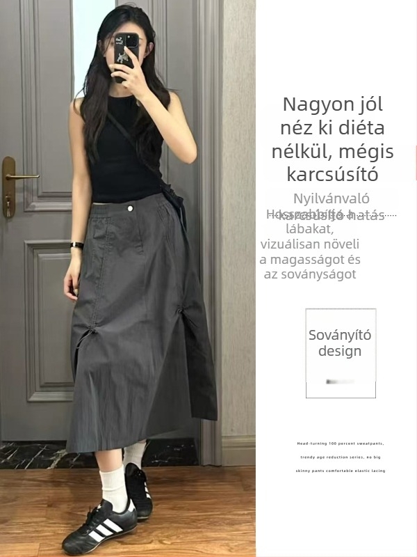 Munkaruházati midi szoknya, pliszírozott részletek, spandex anyag, enyhe elasztikusság, nyár 2025