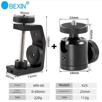 Asztali C‑keret rögzítő alumínium ötvözetből, mobiltelefon és DSLR kamera számára, teherbírás 6–10 kg