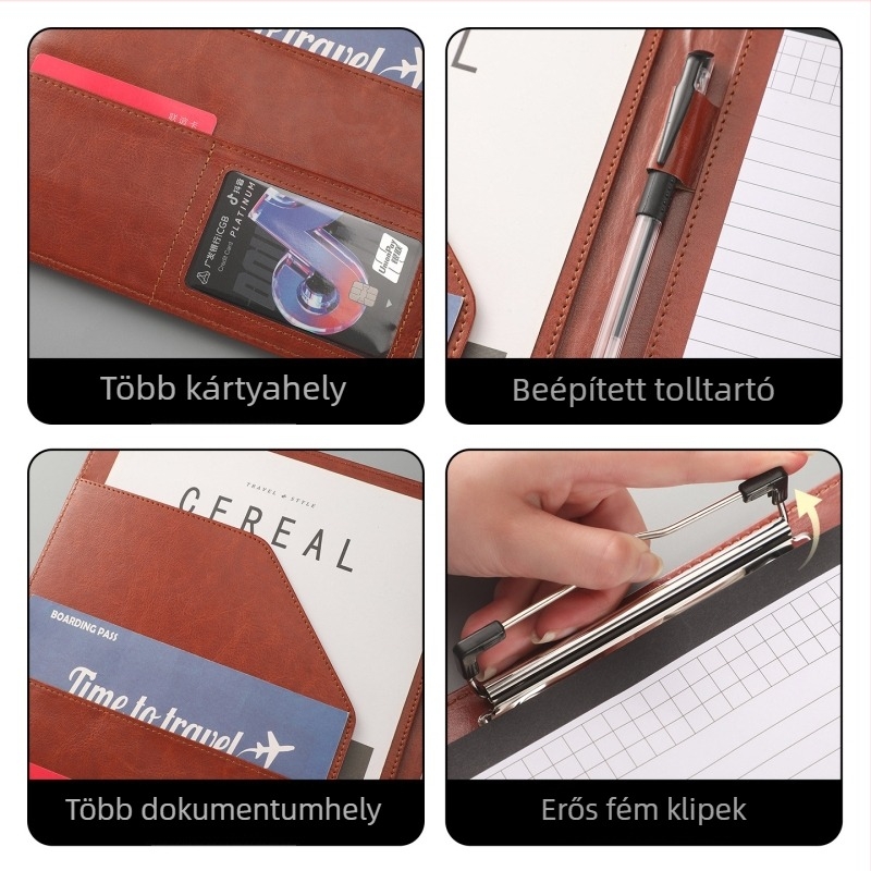 Bőr A4-es méretű klipboard erős rögzítővel, többsfunkciós mappa és dokumentum rendező értekezletekhez és aláírásokhoz
