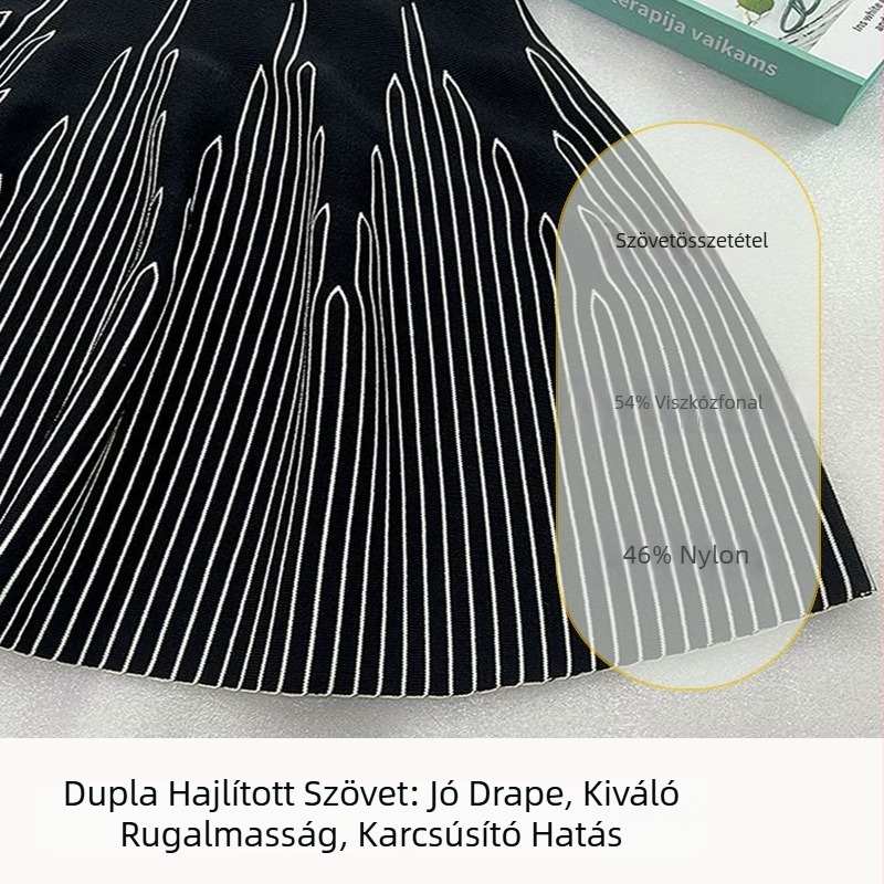 A-vonalú ruha, kerek nyakú, ujjatlan, középméretű hossz, csíkos minta