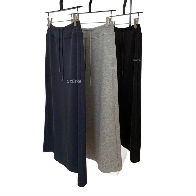 WGWE6597 Midi szoknya húzózsinóros derékkal, A-vonalú szabás, pamut, enyhe elasztikusság, japán-koreai casual minimalist stílus