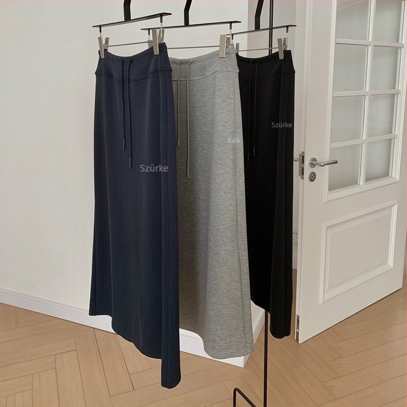 WGWE6597 Midi szoknya húzózsinóros derékkal, A-vonalú szabás, pamut, enyhe elasztikusság, japán-koreai casual minimalist stílus