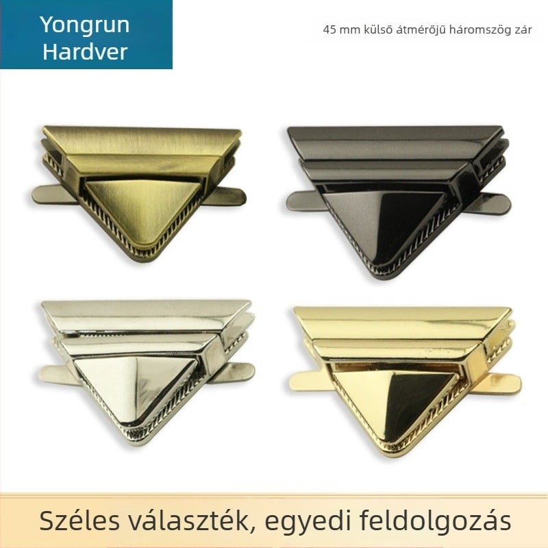 Háromszög alakú zár poggyászhoz, fémből készült kiegészítők, világos arany felület