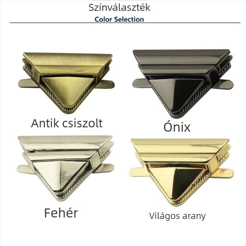 Háromszög alakú zár poggyászhoz, fémből készült kiegészítők, világos arany felület