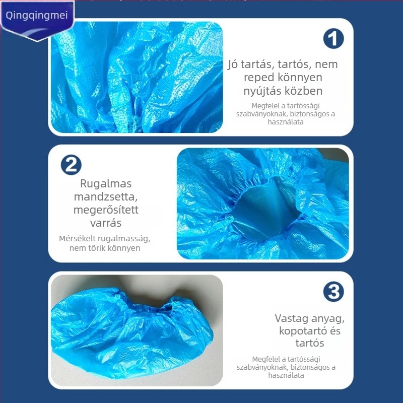 Egyszer használatos beltéri műanyag cipővédők, víz- és porálló, csúszásmentes talppal, PE anyagból, élettartam 5 év