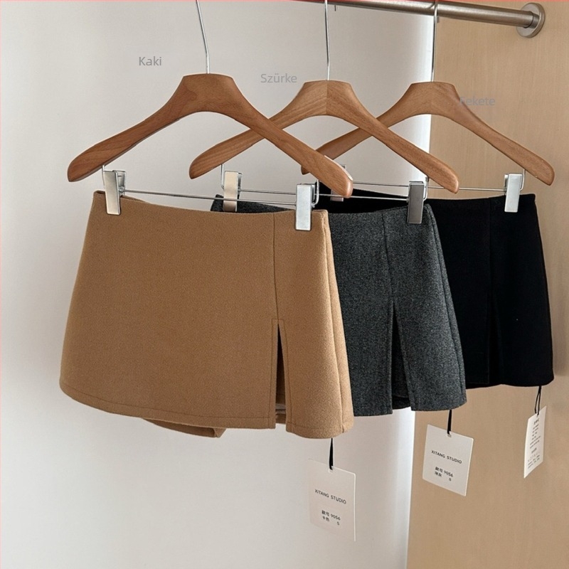 Női gyapjúból készült kétrétegű rövid szoknya, oldalsó hasítékkal, egyszínű, elegáns iroda stílus, patchwork