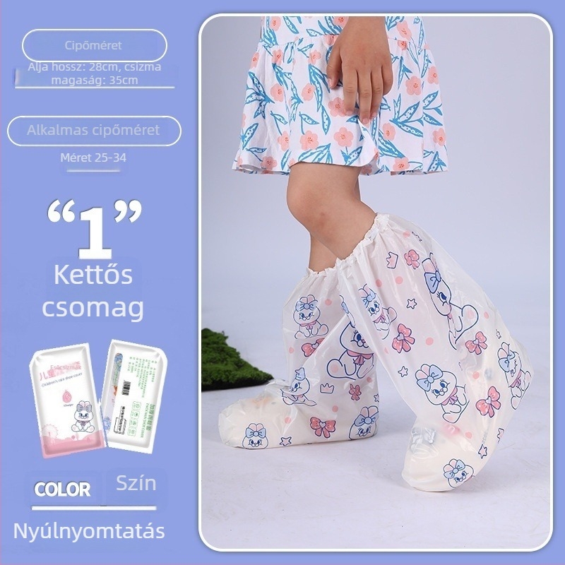 Gyerekeknek szóló PE cipővédők, egyszer használatosak, vastagított kivitel, hosszú kültéri használatra, egyenként csomagolva, vízálló és porálló, logónyomás lehetséges, testreszabás