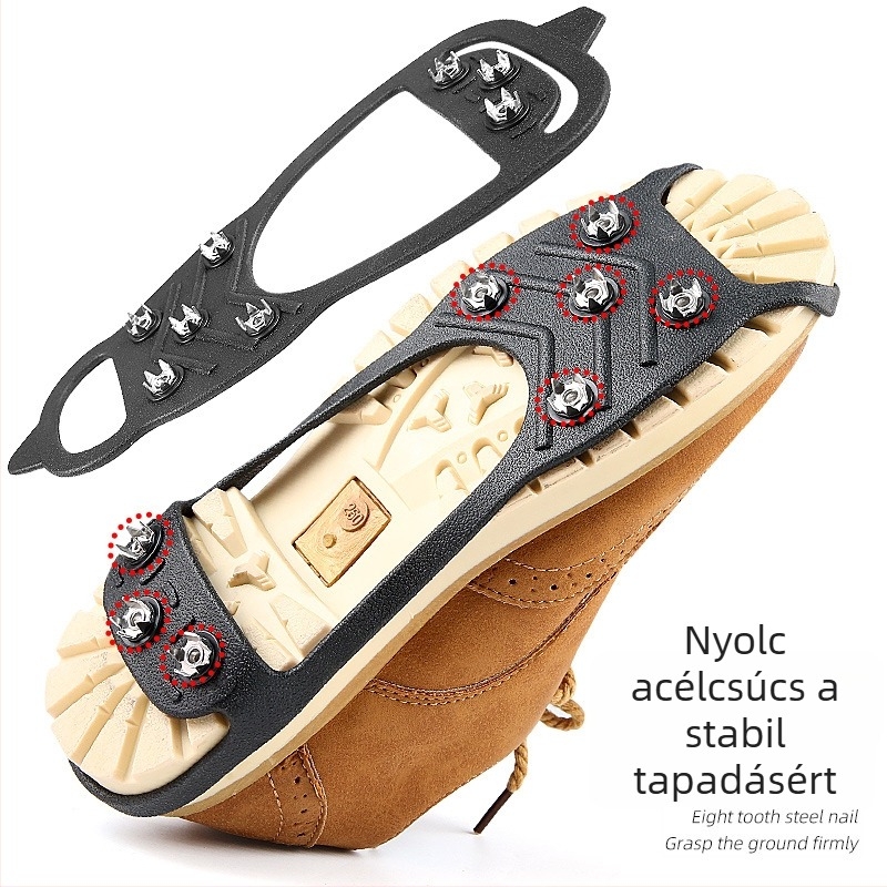8-tüs csúszásmentes cipővédő télre jégen és havon; könnyen fel- és levéhető. Modell 011, Feet Enlightenment (Anyag: TPE és fém; Stílus: csúszásmentes, mindennapi használat)