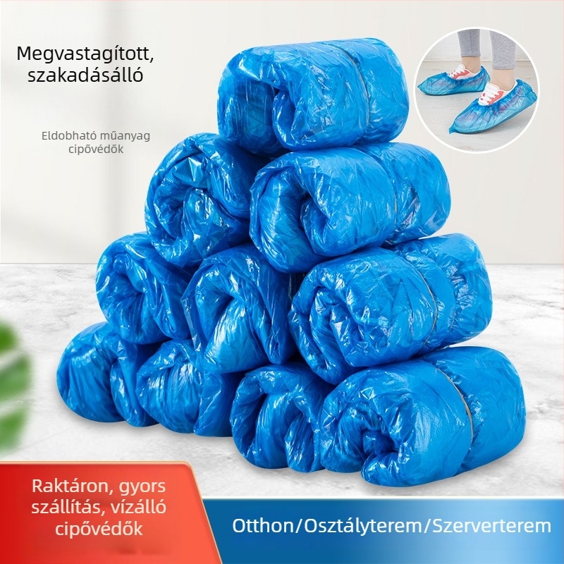 Egyszer használatos vastagított műanyag cipővédők, vízálló és porálló, belső terekre, osztálytermekbe és műhelyekbe