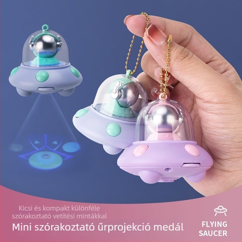 Fényes kulcstartó űrhajó-projekcióval gyerekeknek, mini rajzfilm UFO medál