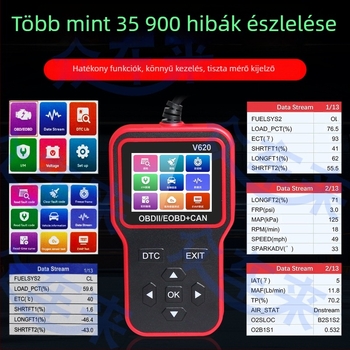 V620 Autóhiba detektor - Motorhiba olvasás, Adatfolyam, OBD2, 12-24V