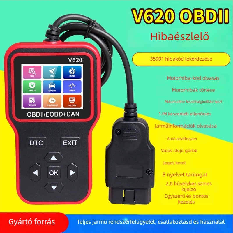 V620 Autóhiba detektor - Motorhiba olvasás, Adatfolyam, OBD2, 12-24V