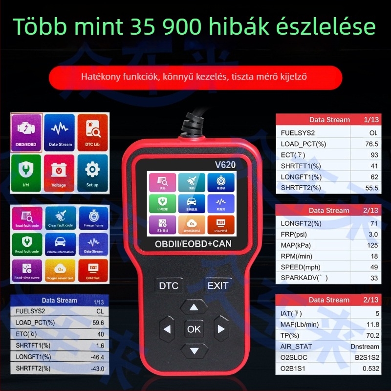 V620 Autóhiba detektor - Motorhiba olvasás, Adatfolyam, OBD2, 12-24V