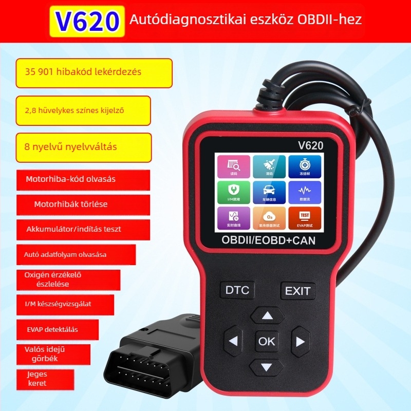 V620 Autóhiba detektor - Motorhiba olvasás, Adatfolyam, OBD2, 12-24V