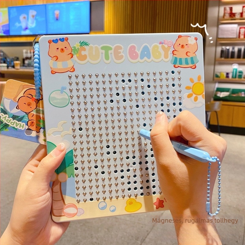Kedves delfin: nagy mágneses acélgolyós rajztábla kulcstartóval, oldó puzzle, törölhető rajztábla, táska