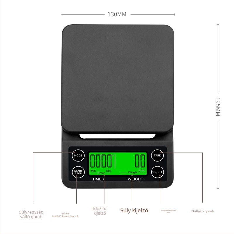 Changxie C07 Elektronikus konyhai mérleg kávéhoz, 0,1 g pontosság, kapacitás 5 kg, időzítő, HD kijelző