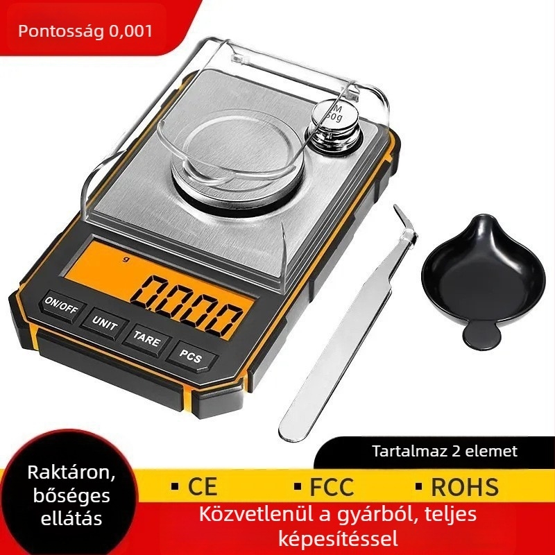 Magas minőségű hordozható mini ékszermérleg, rozsdamentes acélból készült elektronikus mérleg, 500 g / 0,01 g pontosság, zsebméretű, modell 1918-B