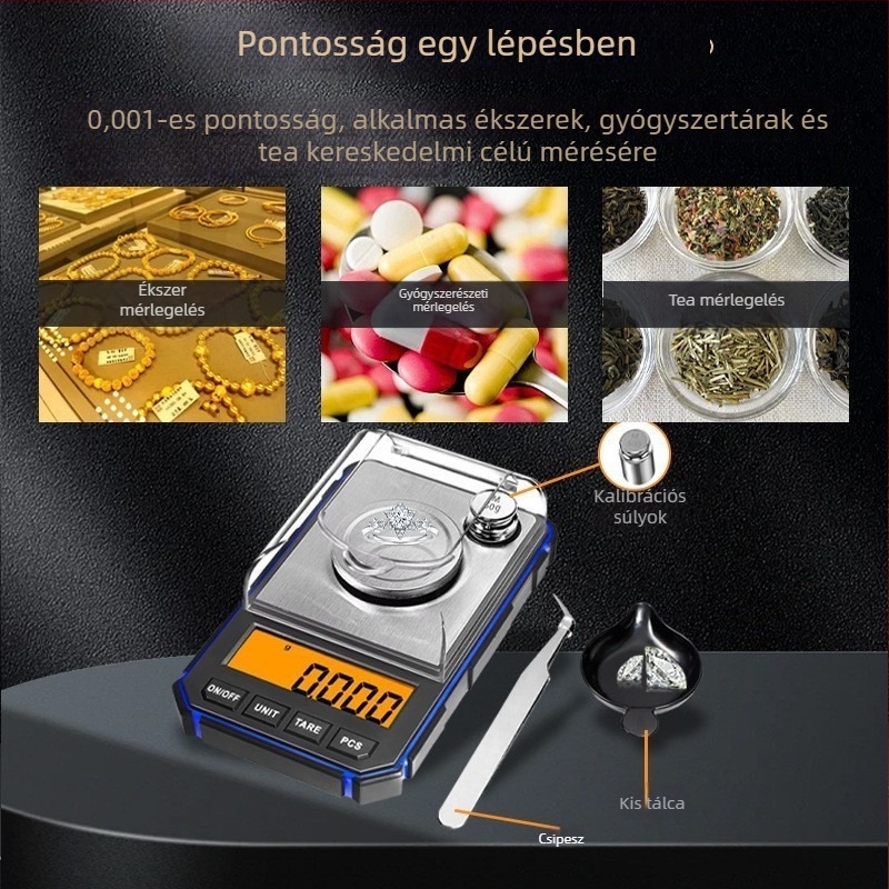 Magas minőségű hordozható mini ékszermérleg, rozsdamentes acélból készült elektronikus mérleg, 500 g / 0,01 g pontosság, zsebméretű, modell 1918-B