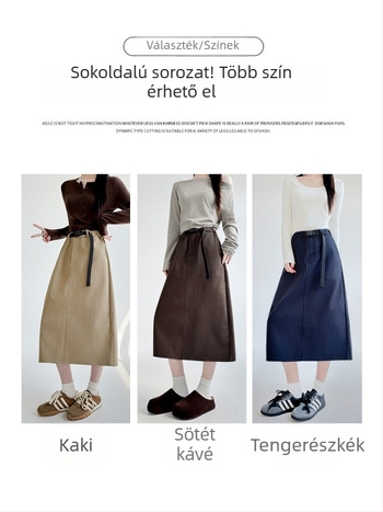 Női khaki színű szoknya övvel, A-vonalú szabás, tavaszi stílus, karcsúsított, mosott és hasítékkal