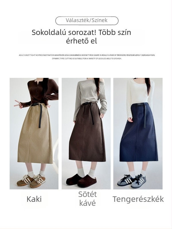 Női khaki színű szoknya övvel, A-vonalú szabás, tavaszi stílus, karcsúsított, mosott és hasítékkal